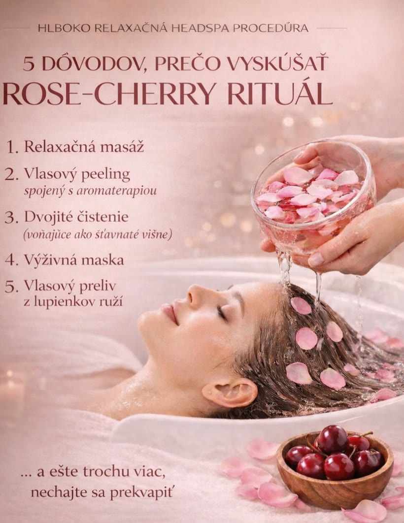 Cherry-Rose HeadSpa Ritual — oplachovanie vlasov vodou s lupienkami ruží